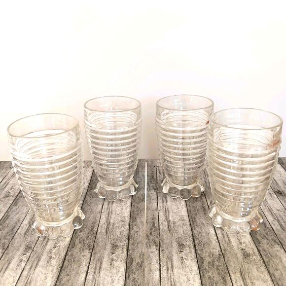 Set Of 4 Vintage Anchor Hocking Coronation Clear Glass Footed Tumblers - Picture 5 of 10